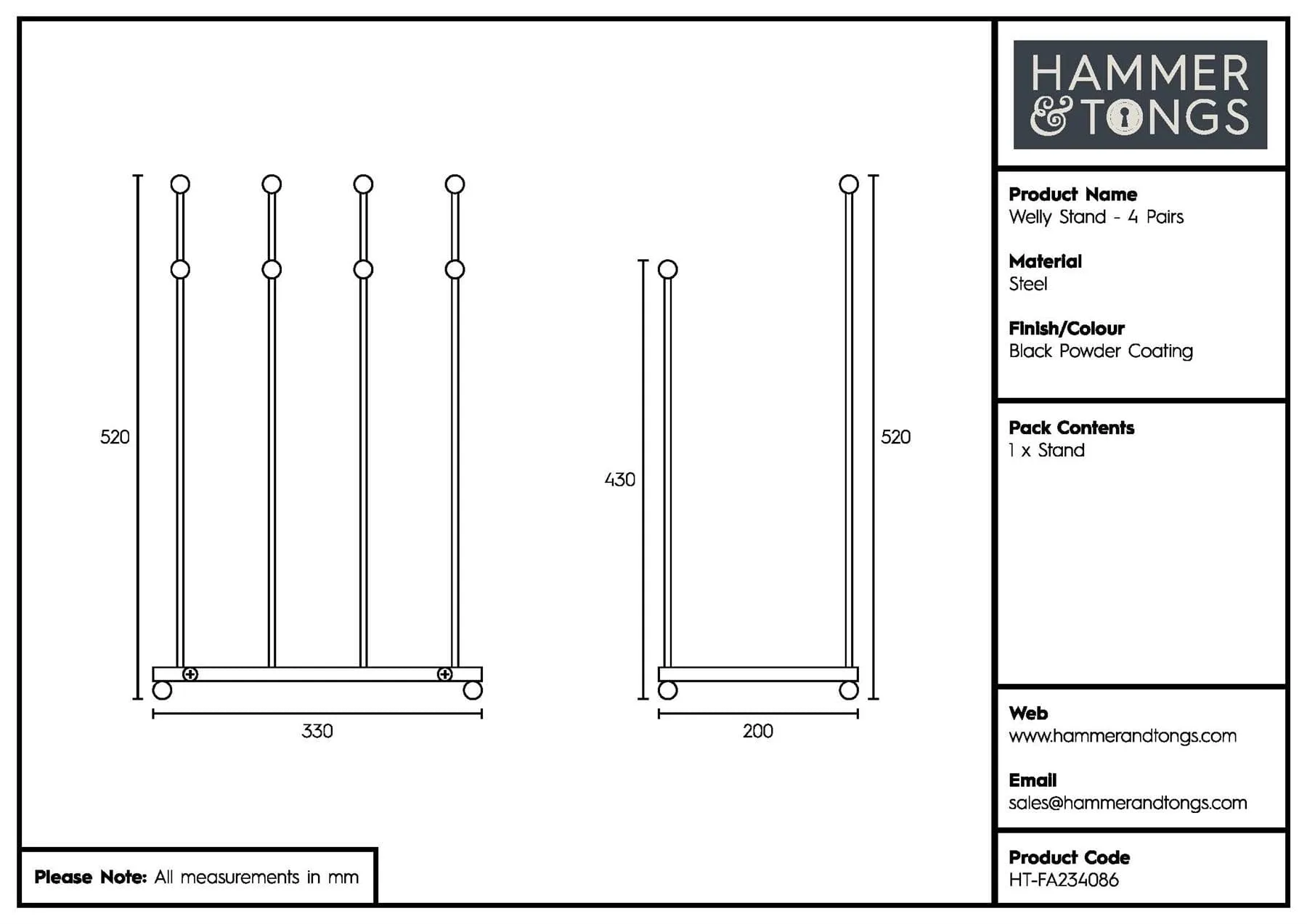 4 Pair Steel Wellington Boot Rack - By Hammer & Tongs