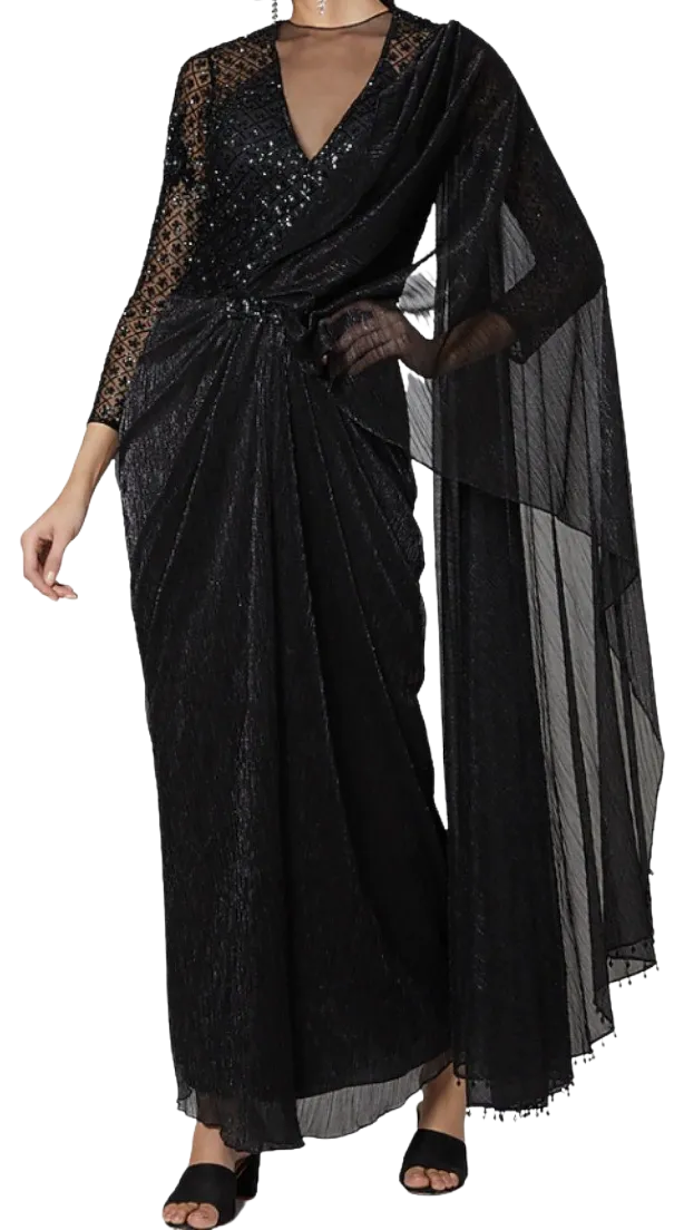 Black Beaded and Embellished Pre-Draped Sari Gown