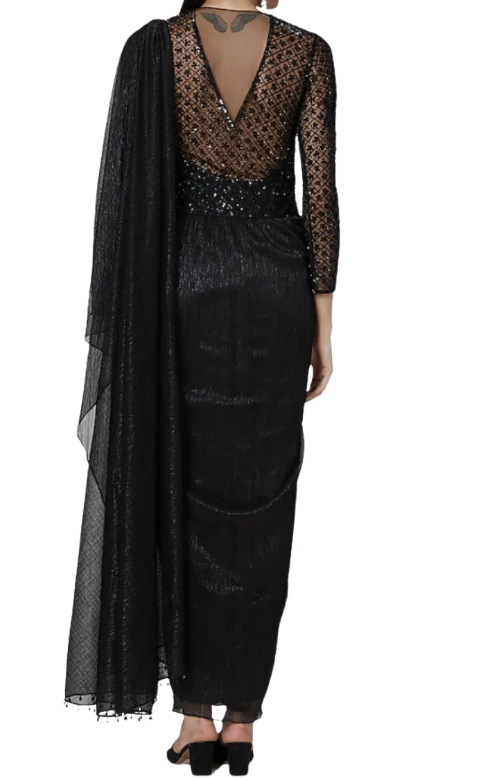 Black Beaded and Embellished Pre-Draped Sari Gown