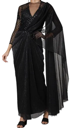 Black Beaded and Embellished Pre-Draped Sari Gown
