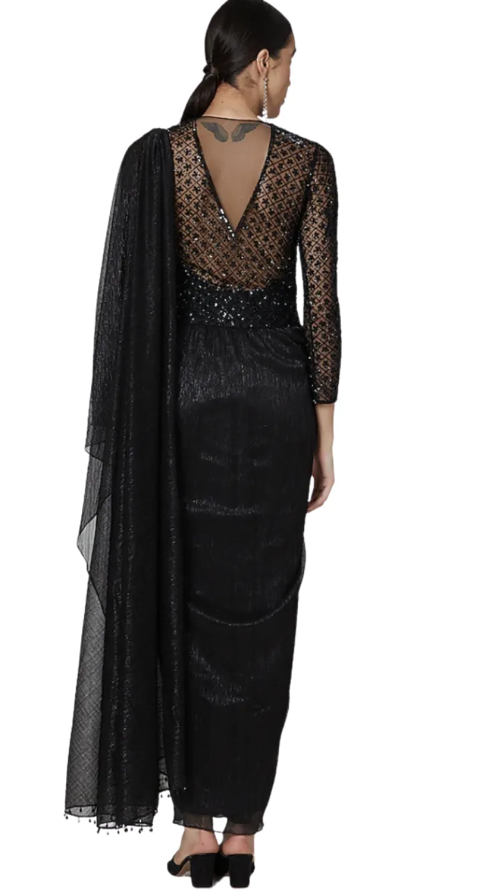 Black Beaded and Embellished Pre-Draped Sari Gown