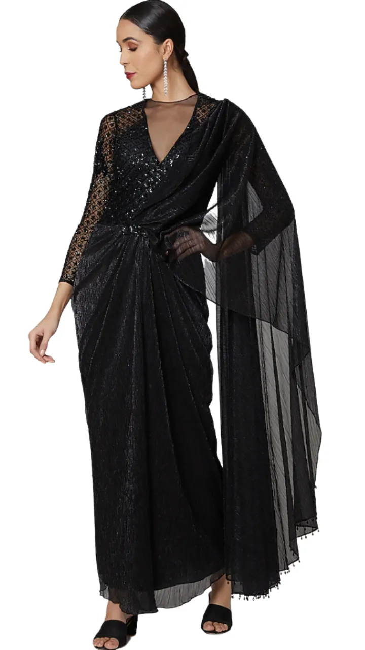 Black Beaded and Embellished Pre-Draped Sari Gown