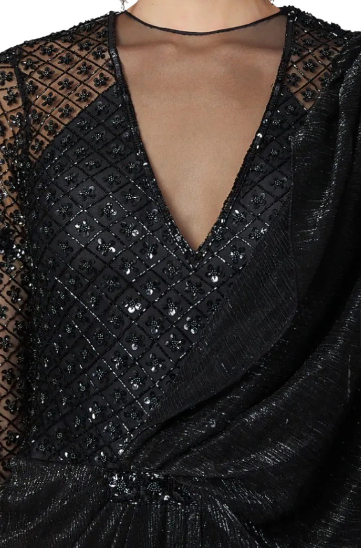 Black Beaded and Embellished Pre-Draped Sari Gown