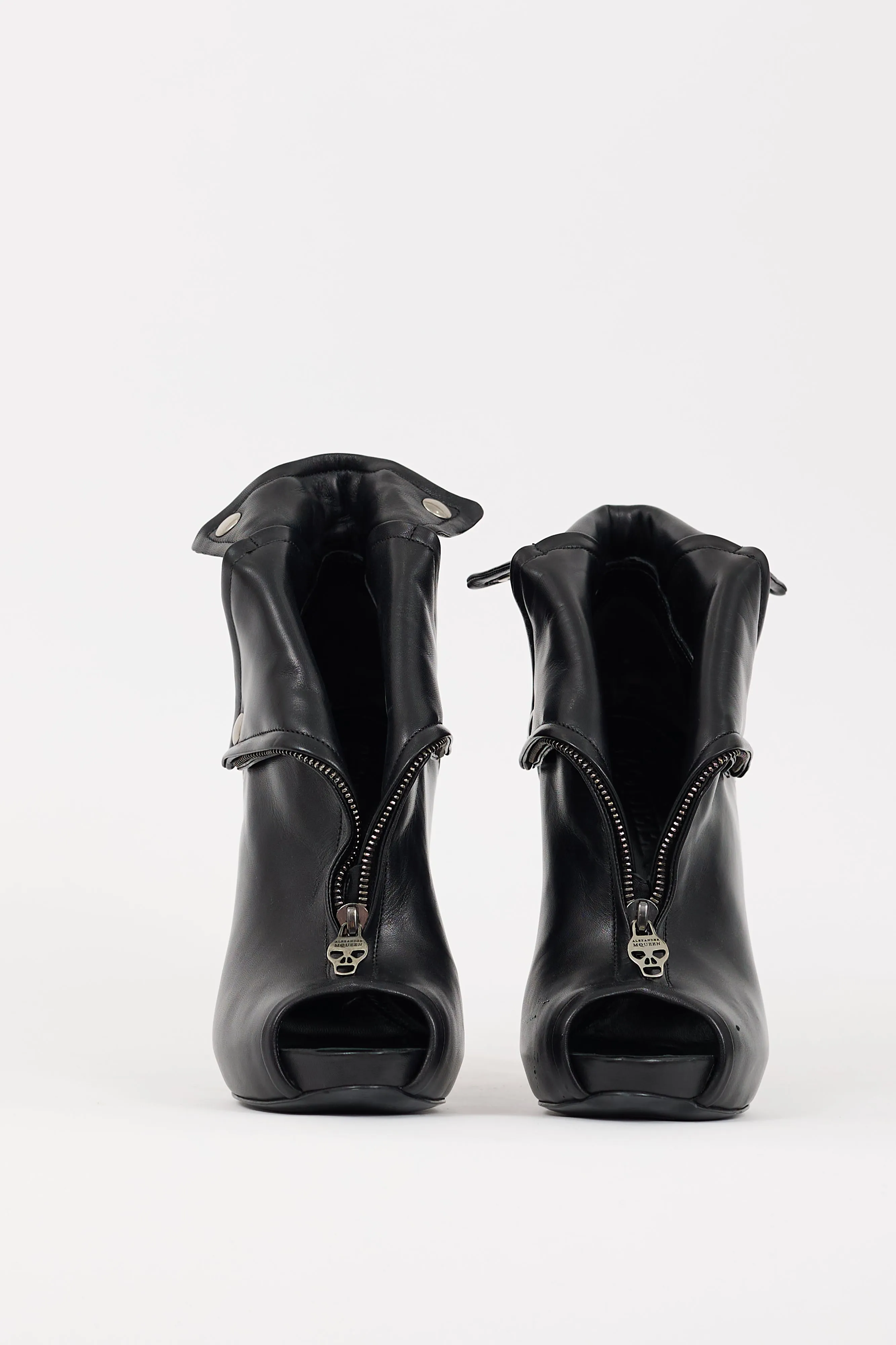 Black Leather Faithful Peep Toe Bootie
