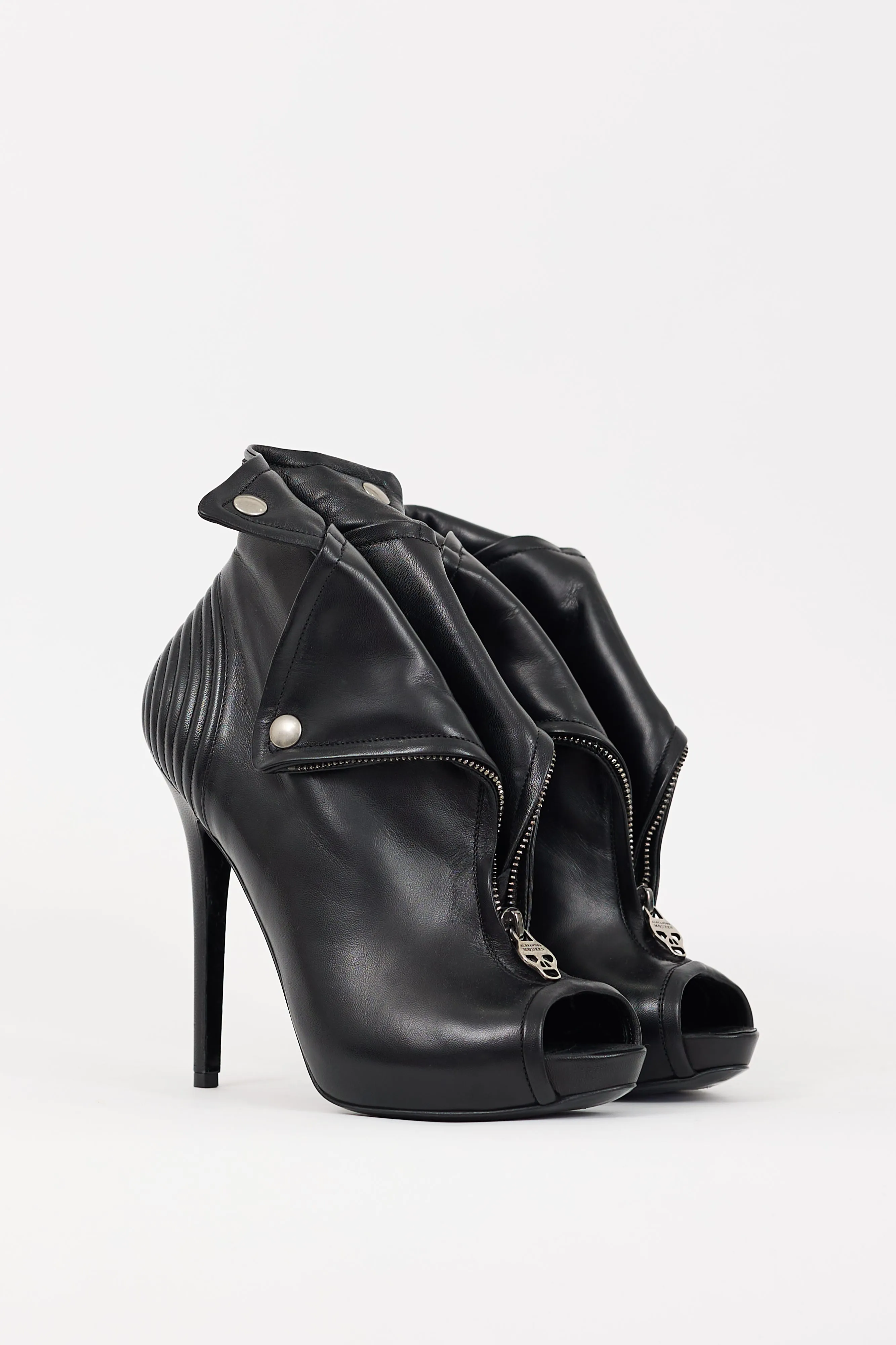Black Leather Faithful Peep Toe Bootie