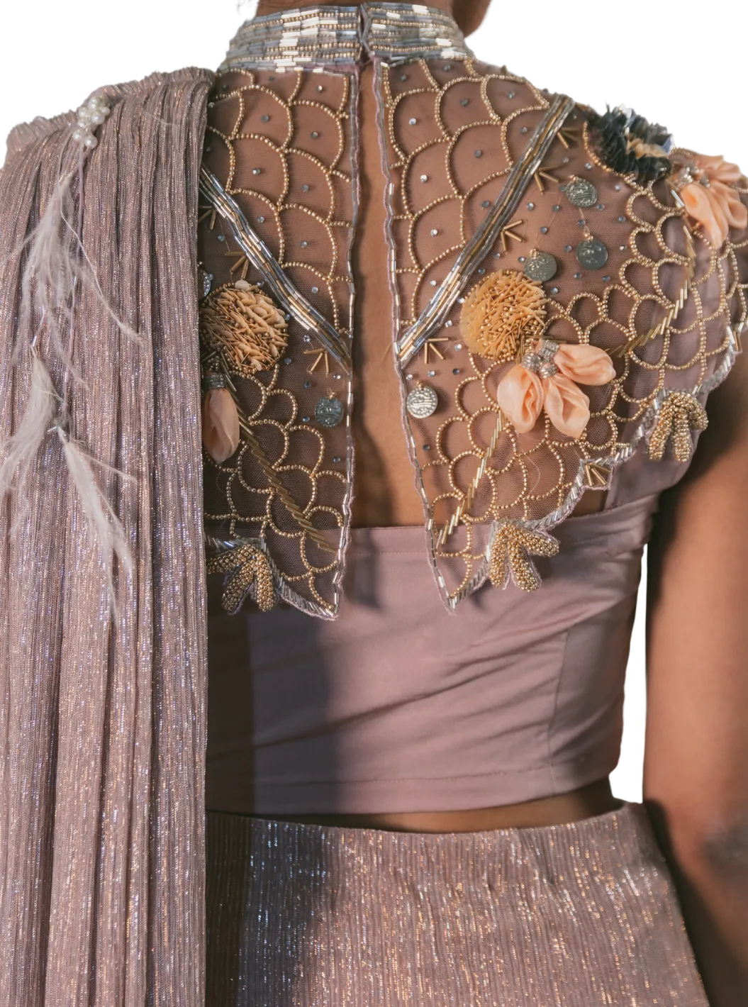 Champagne Gold Sheer Beaded Cape Concept Sari