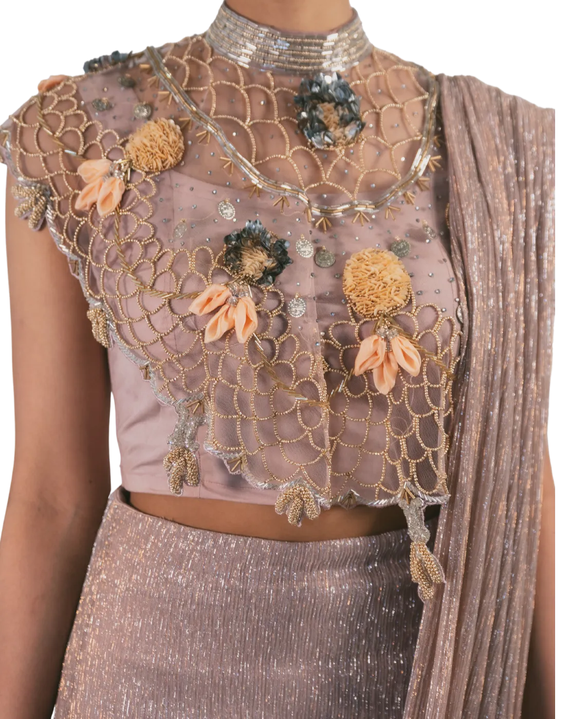Champagne Gold Sheer Beaded Cape Concept Sari