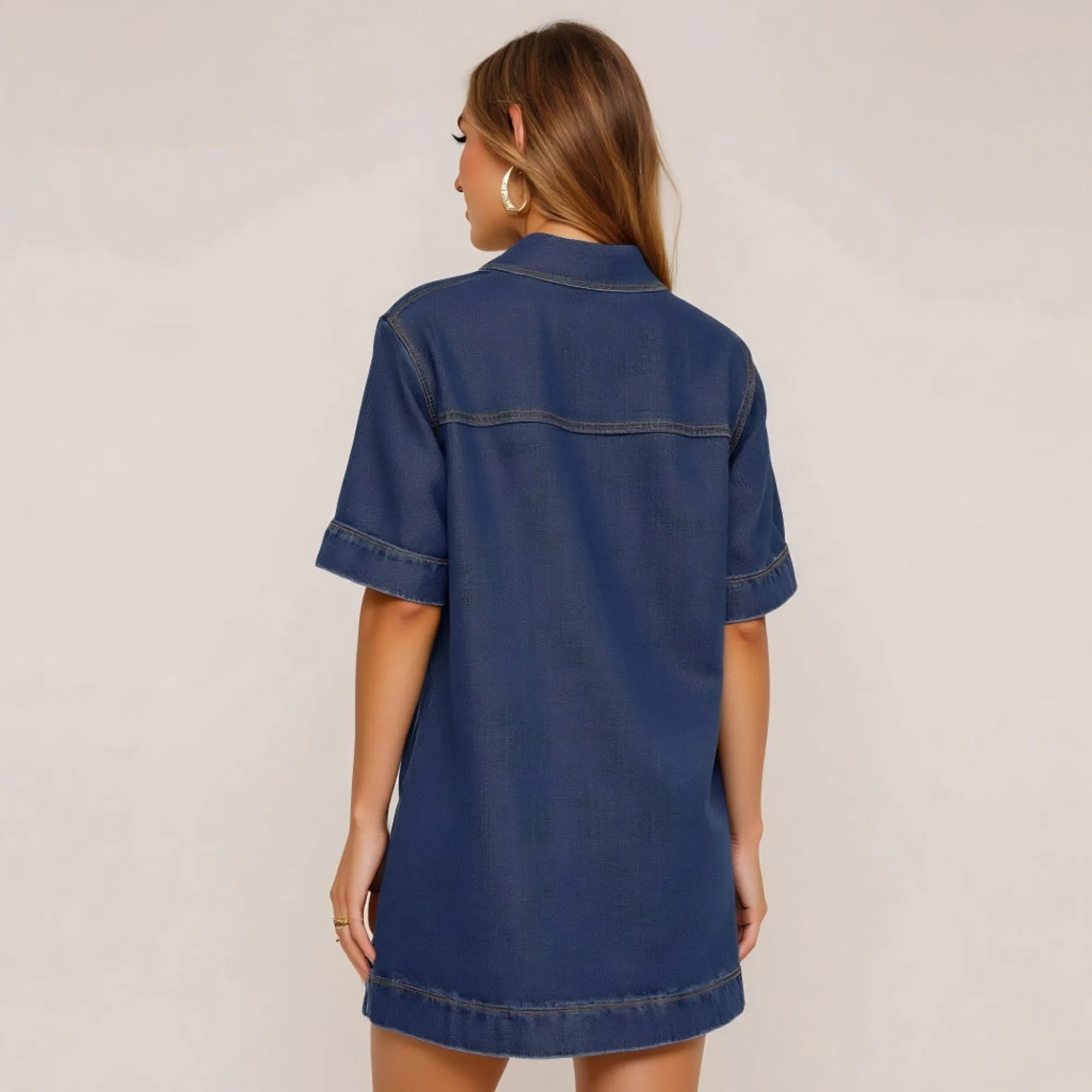 Collared Denim Mini Dress with Rolled Sleeves Front Patch Pockets