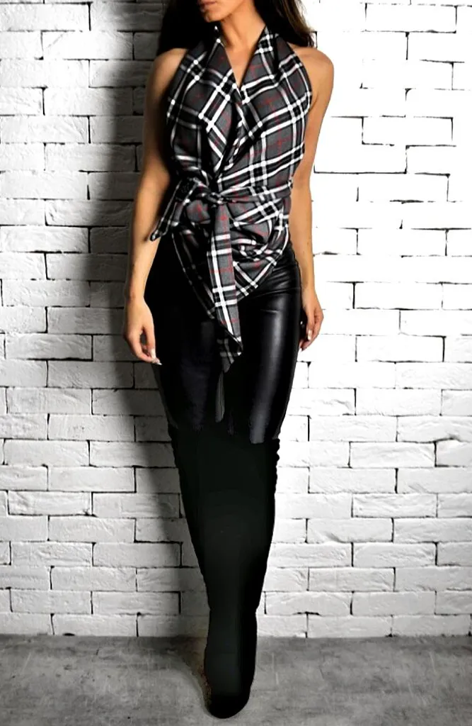 Cowl Wrap Top - Charcoal/White Check