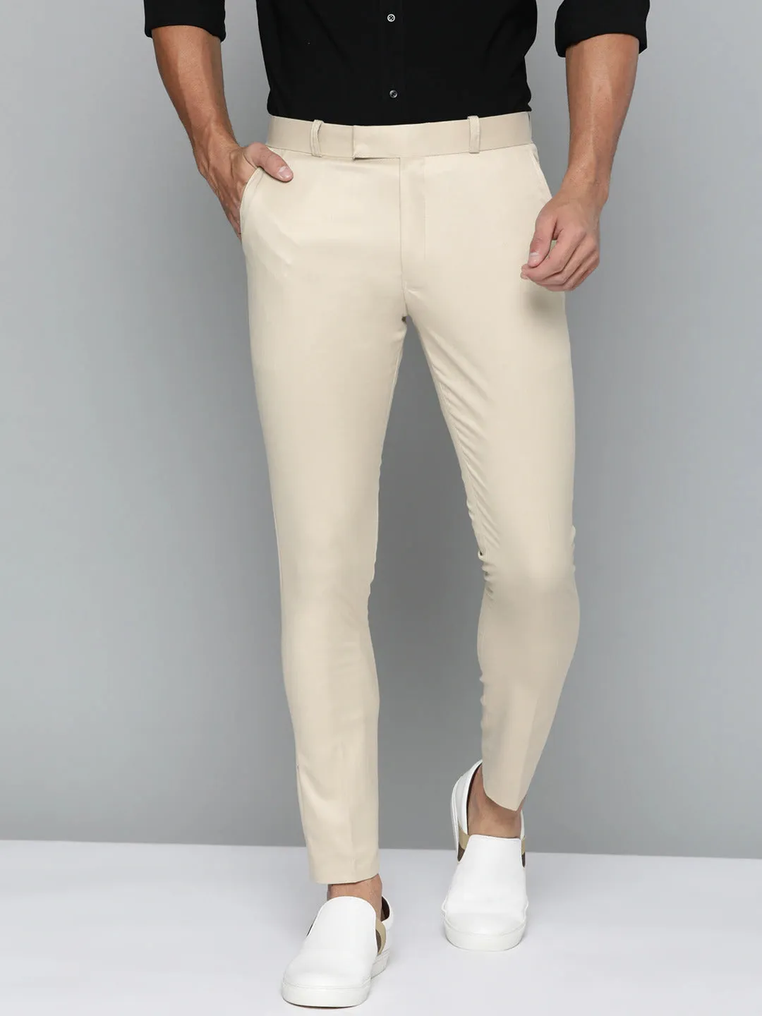 DENNISON Men Beige Smart Tapered Fit Solid Regular Trousers