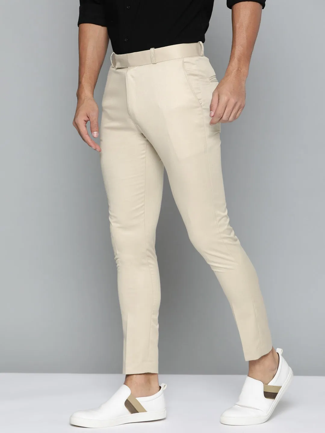 DENNISON Men Beige Smart Tapered Fit Solid Regular Trousers