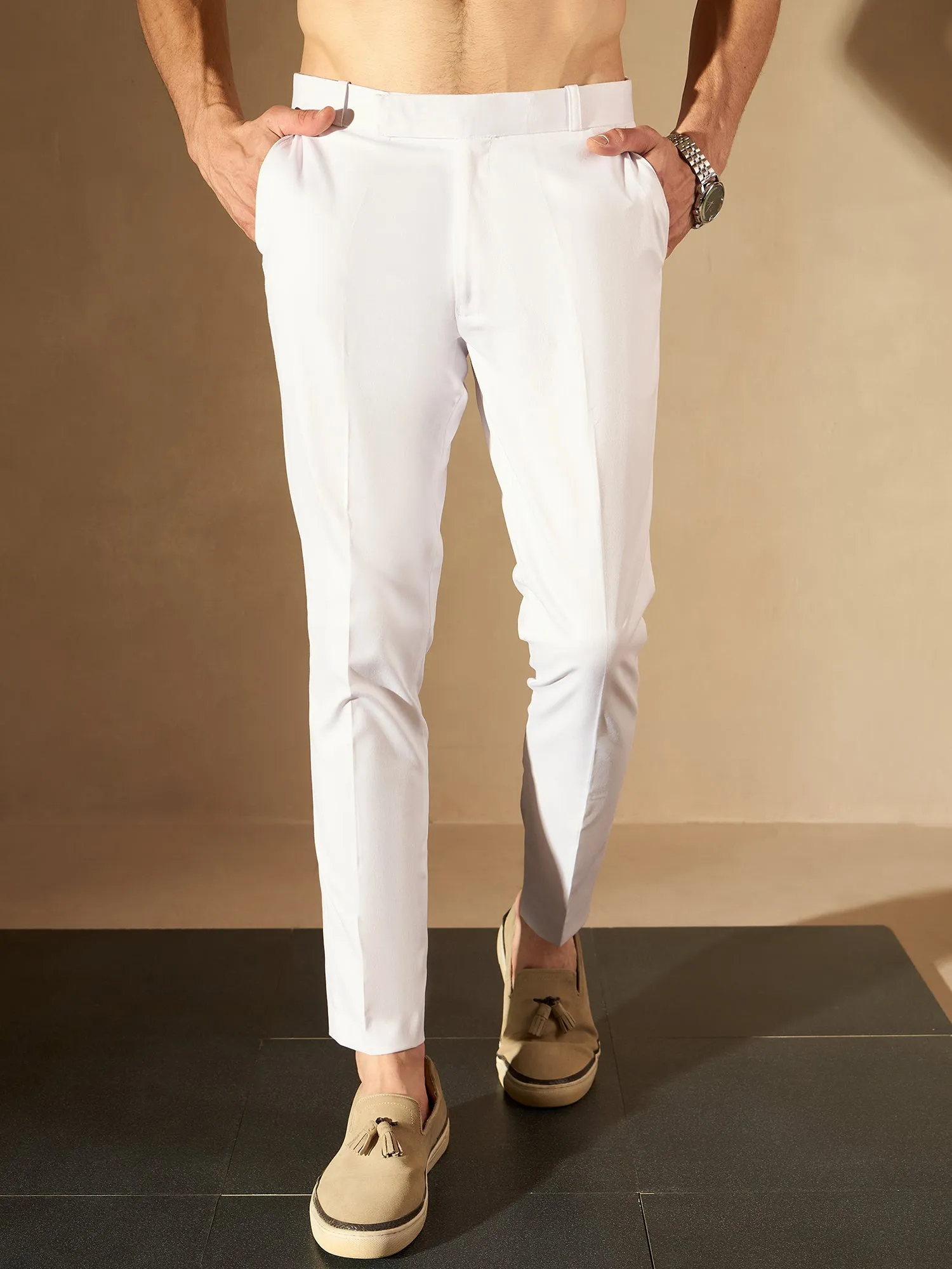 DENNISON Men White Smart Tapered Fit Cropped Trousers