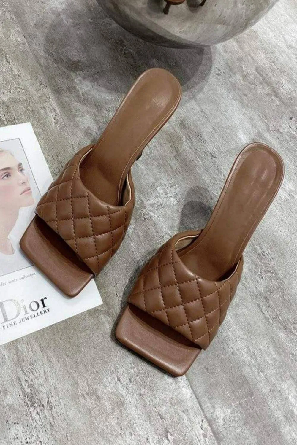 Diamond Peep Toe High Heel Slipper Sandals - Brown