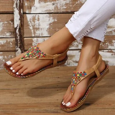 Explore More Collection - Beaded PU Leather Open Toe Sandals