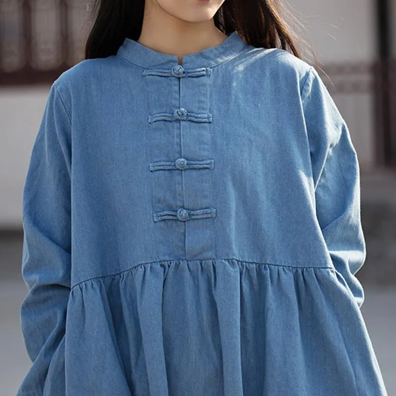 Long Sleeve Mandarin Denim Midi Dress  | Zen