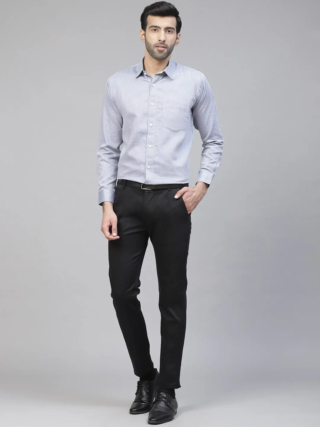 Men Blue Twill Weave Smart Slim Fit Self Design Formal Shirt