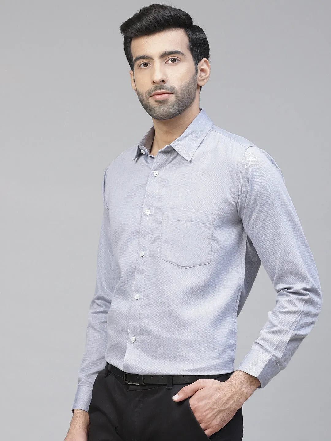 Men Blue Twill Weave Smart Slim Fit Self Design Formal Shirt