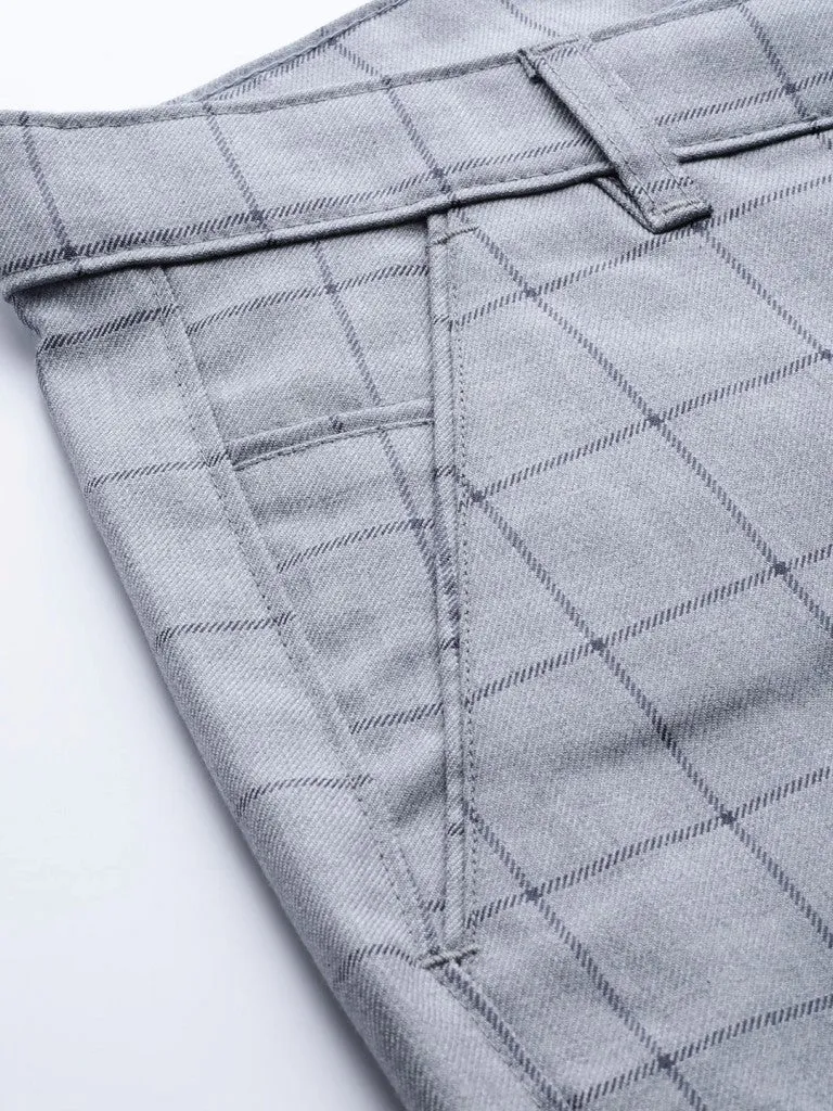 Men Grey  Black Smart Skinny Fit Checked Regular Trousers