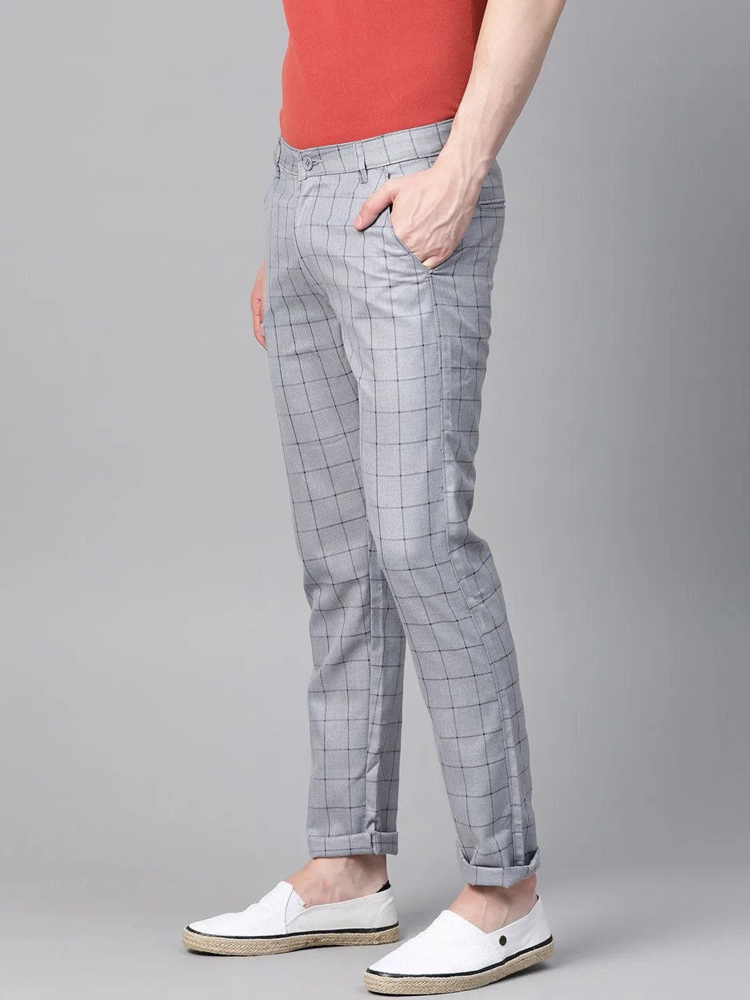 Men Grey  Black Smart Skinny Fit Checked Regular Trousers