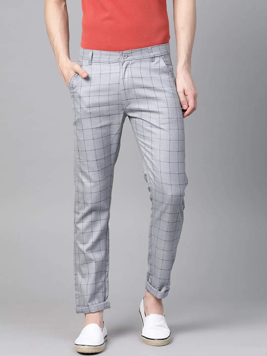Men Grey  Black Smart Skinny Fit Checked Regular Trousers