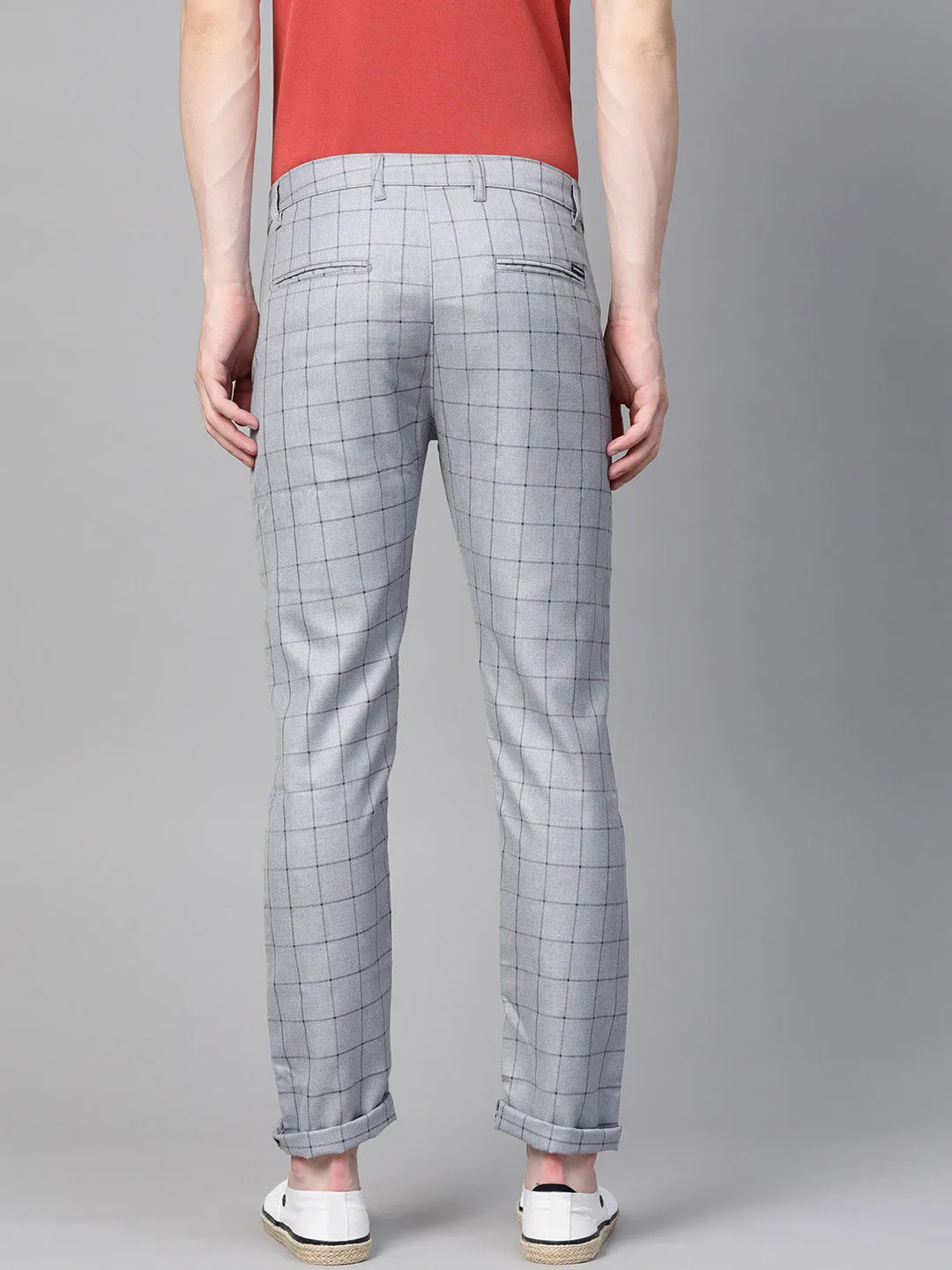 Men Grey  Black Smart Skinny Fit Checked Regular Trousers