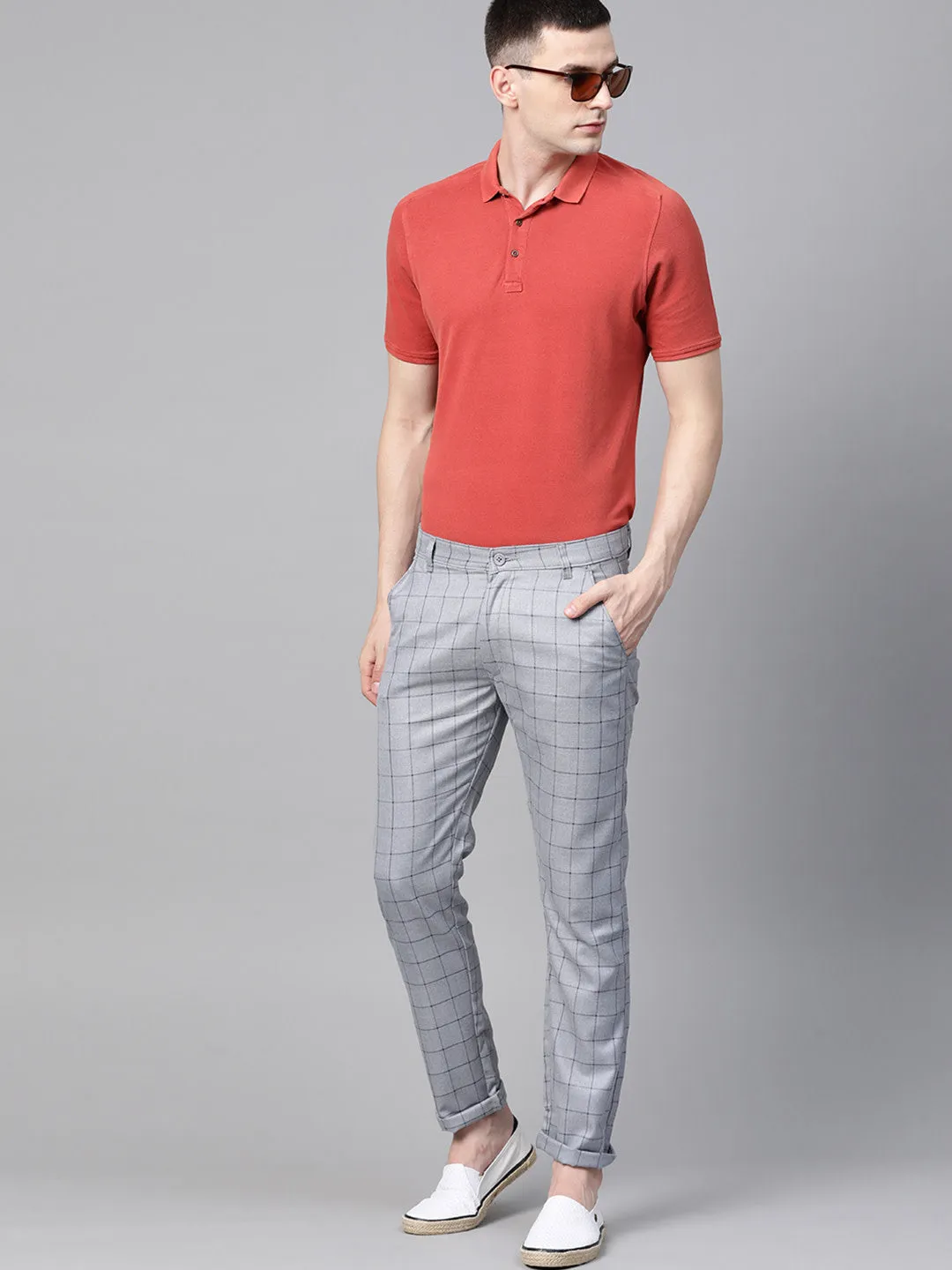 Men Grey  Black Smart Skinny Fit Checked Regular Trousers