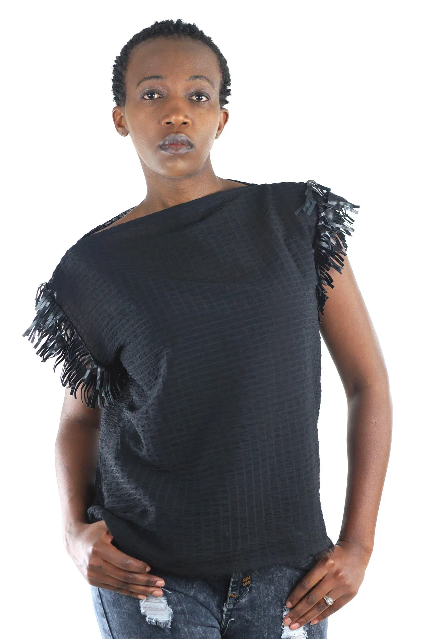 Mila Sheer Ribbed Fringe Top - Black