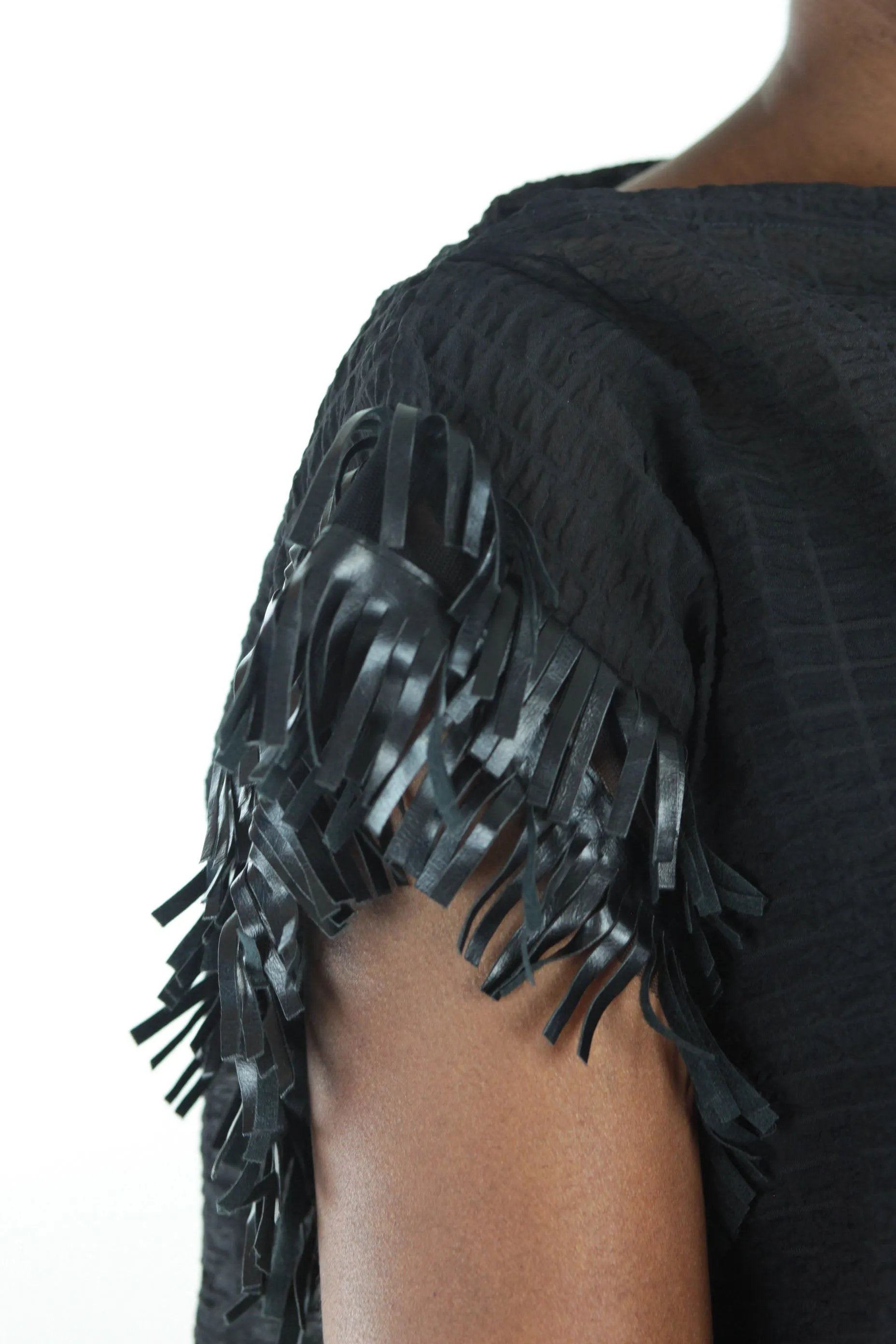 Mila Sheer Ribbed Fringe Top - Black