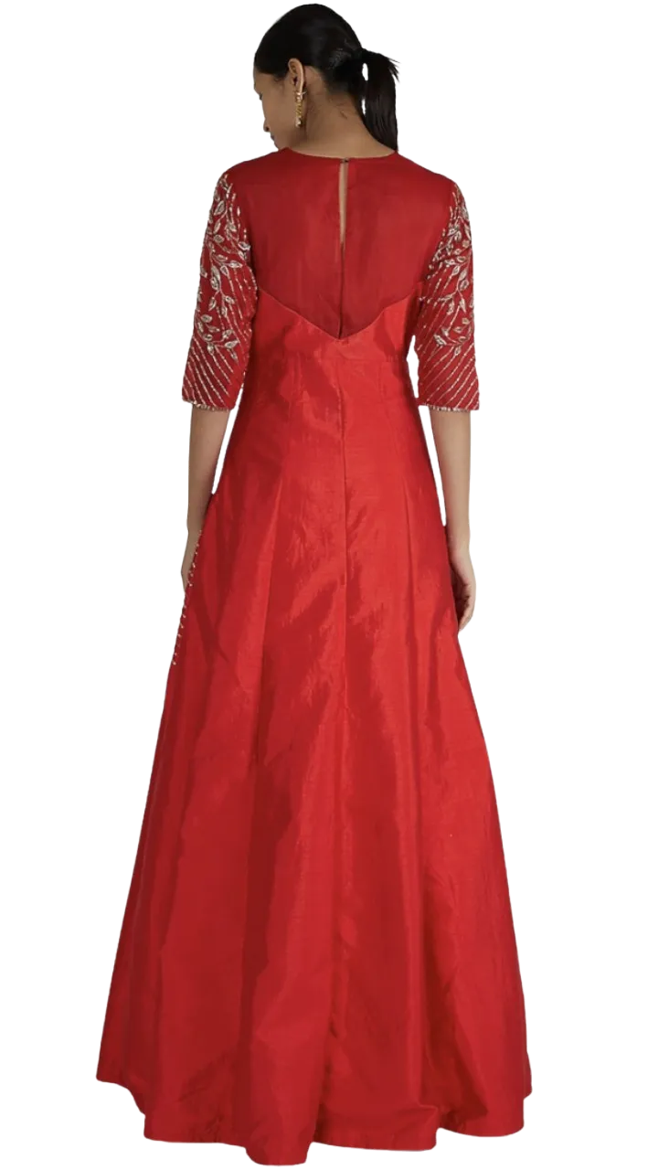 Red Silver Silk Beaded Gown