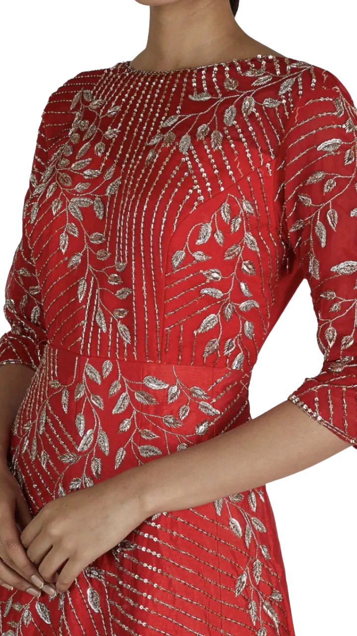 Red Silver Silk Beaded Gown