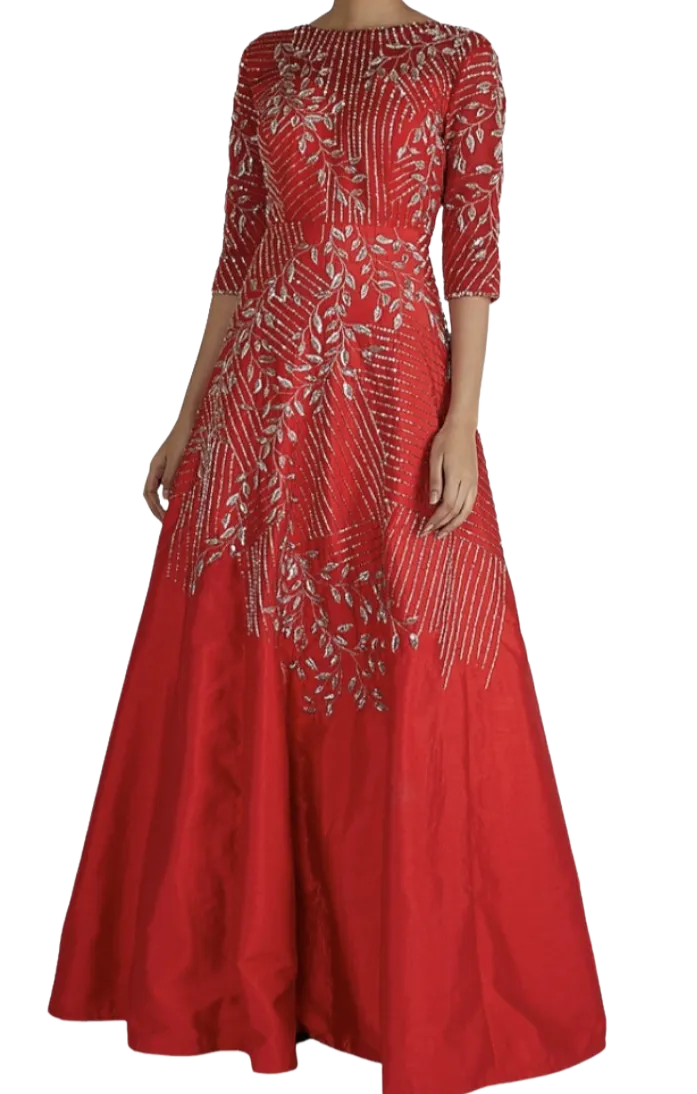 Red Silver Silk Beaded Gown