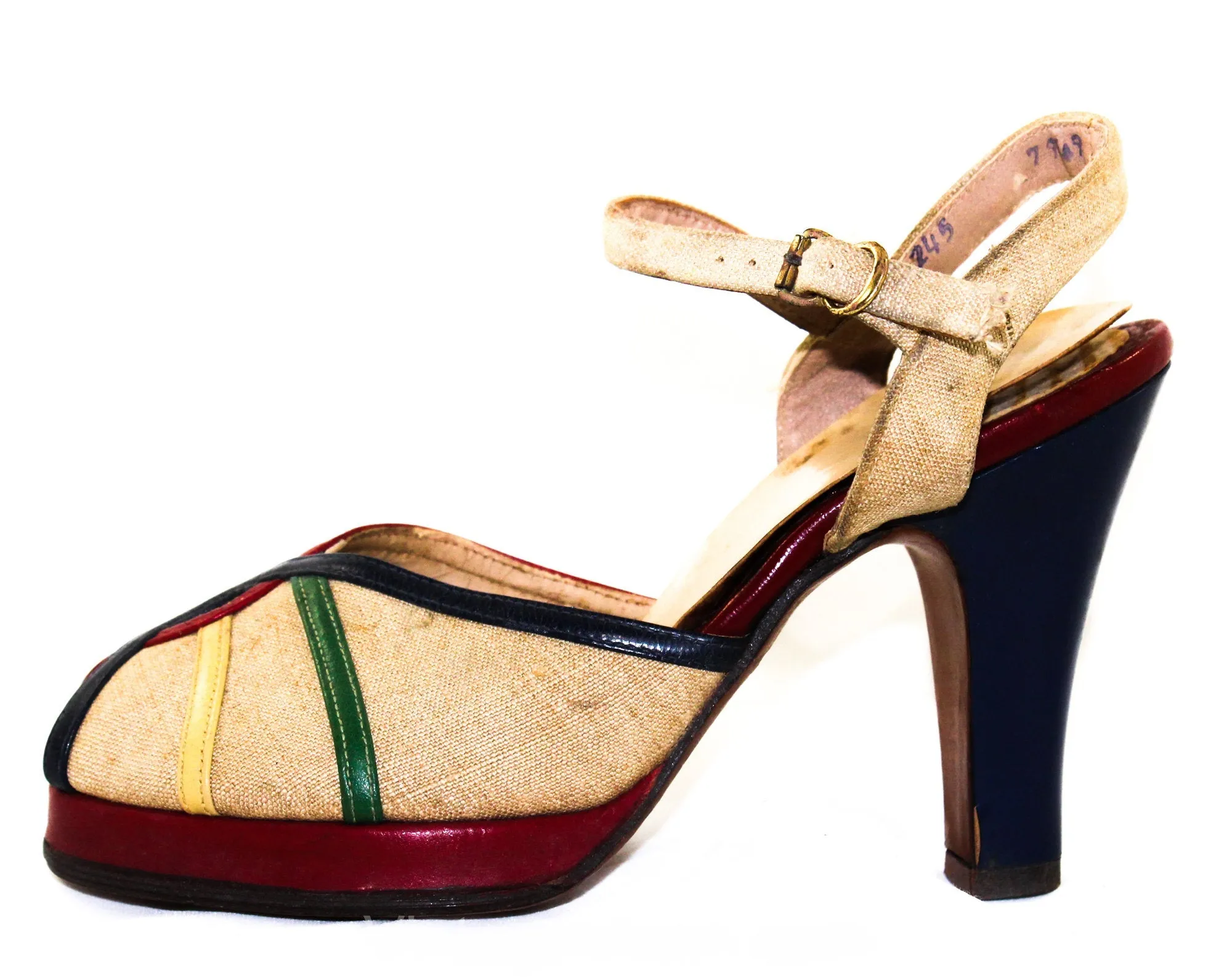Size 4.5 Tropical 1940s Shoes - Small Size High Heels - Open Toe Colorful Red 40s Linen & Leather Summer Shoe - 4 1/2 - As Is Deadstock