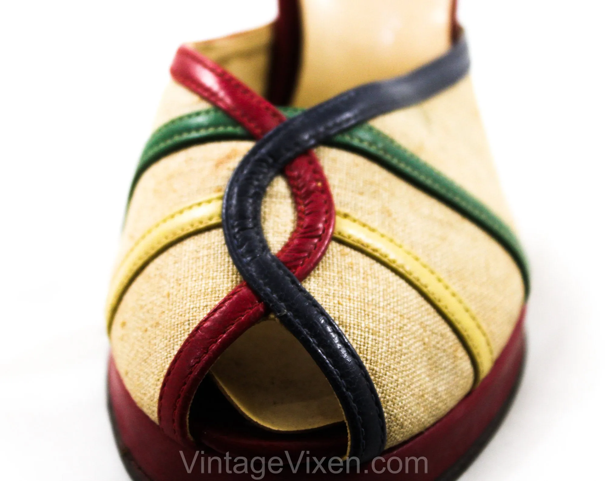Size 4.5 Tropical 1940s Shoes - Small Size High Heels - Open Toe Colorful Red 40s Linen & Leather Summer Shoe - 4 1/2 - As Is Deadstock