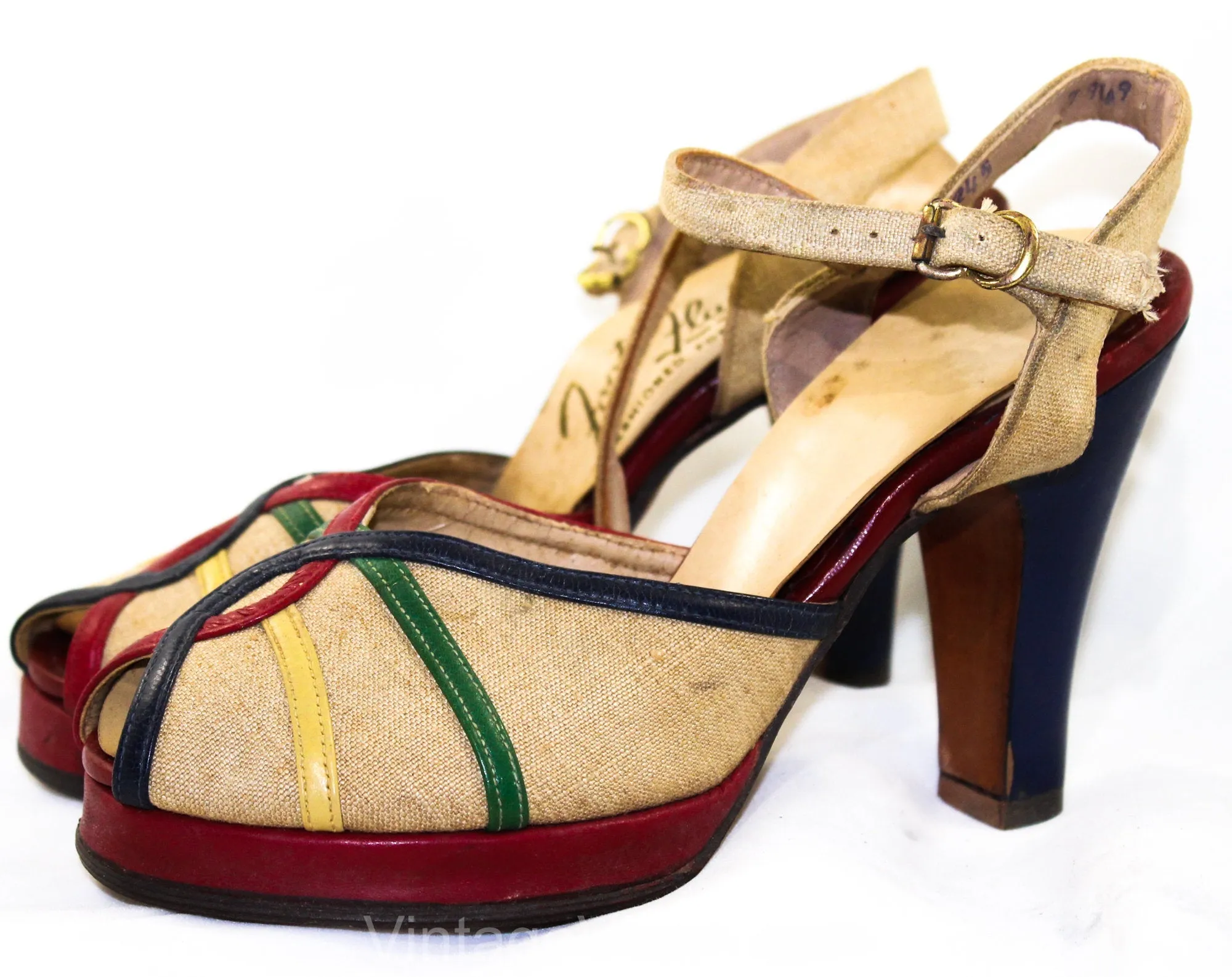 Size 4.5 Tropical 1940s Shoes - Small Size High Heels - Open Toe Colorful Red 40s Linen & Leather Summer Shoe - 4 1/2 - As Is Deadstock