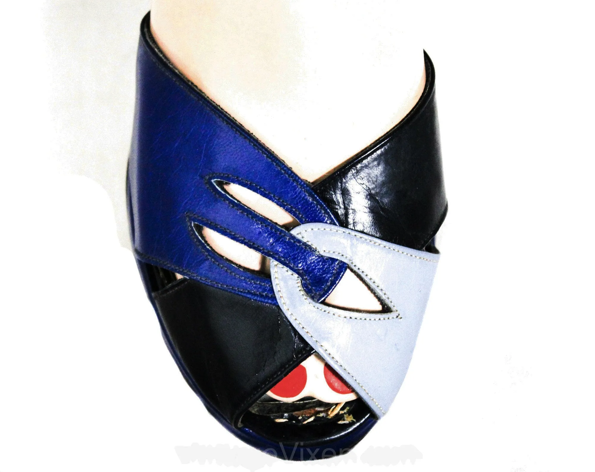 Size 6 1/2 1940s Platform Shoes - Cobalt Blue Leather Peep Toe Pumps with Two Tone Design - 40s WWII Era Deadstock Strappy Shoe - 6.5 Narrow
