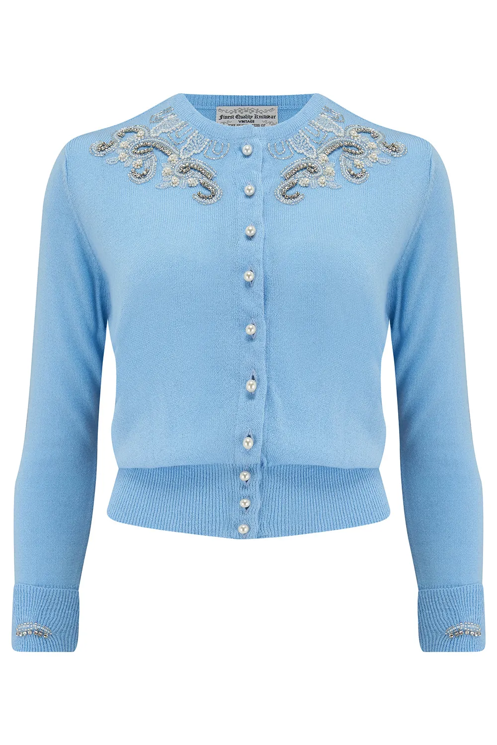 The Beaded Cardigan in Powder Blue, Stunning 1940s Vintage Style